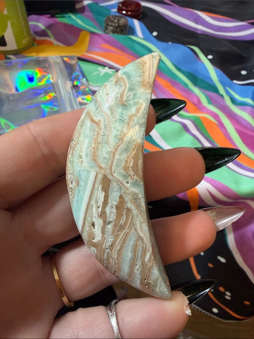 Blue Caribbean calcite half moon crystal hand carved